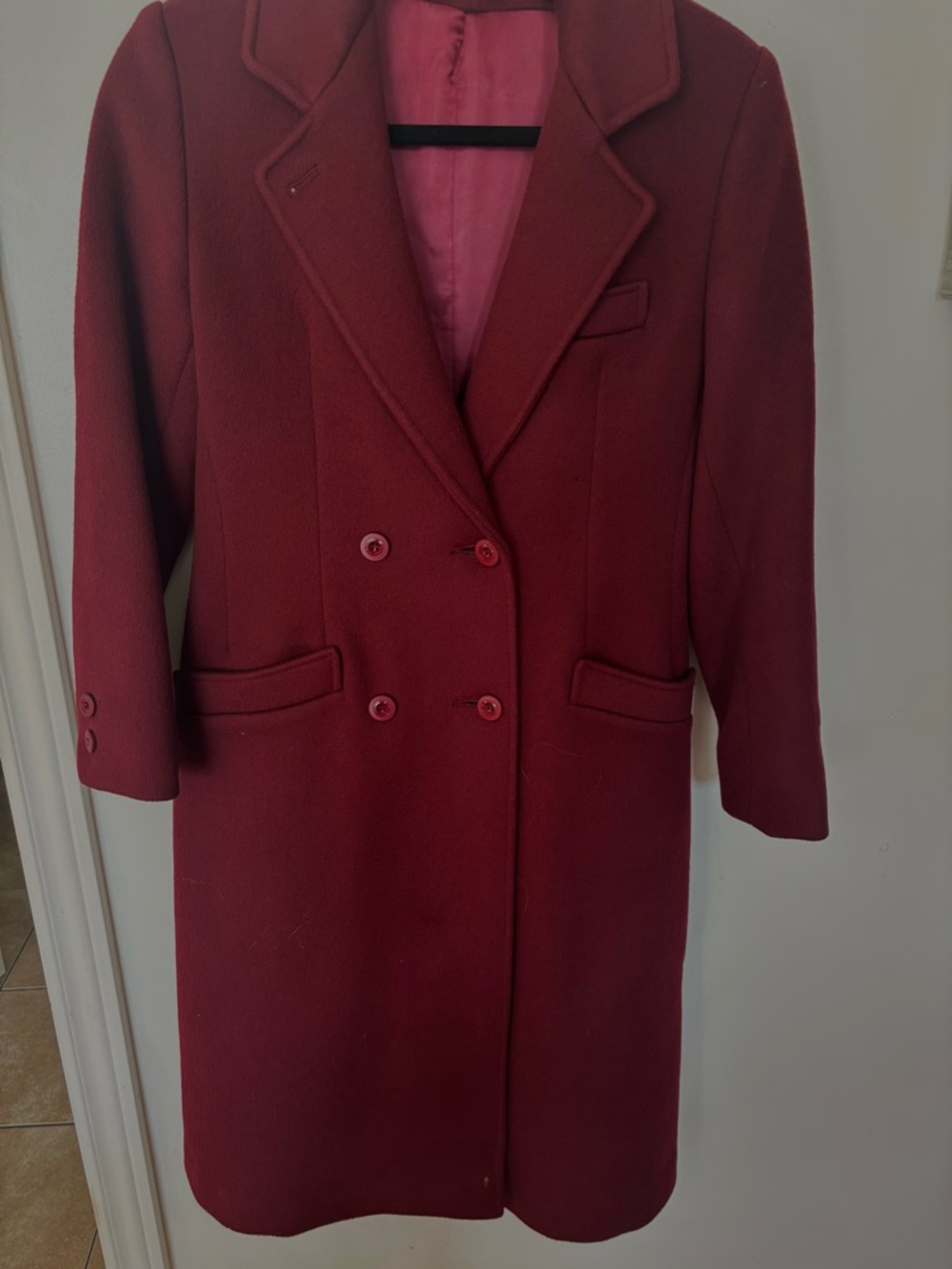 Women's Double-Breasted Wool Pea Coat in Deep Burgundy